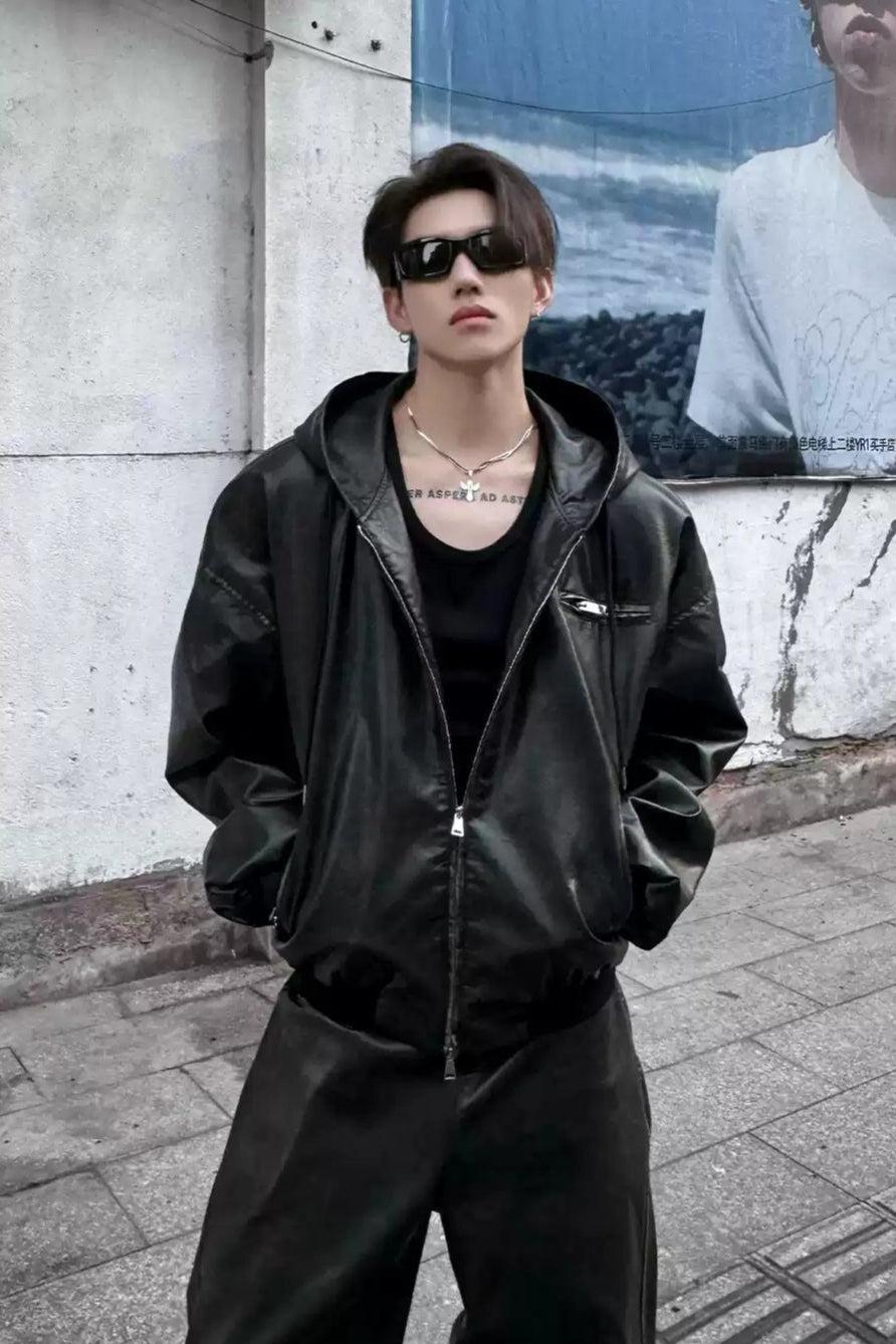 Hooded and Zipped PU Leather Jacket Korean Street Fashion Jacket By Turn Tide Shop Online at OH Vault