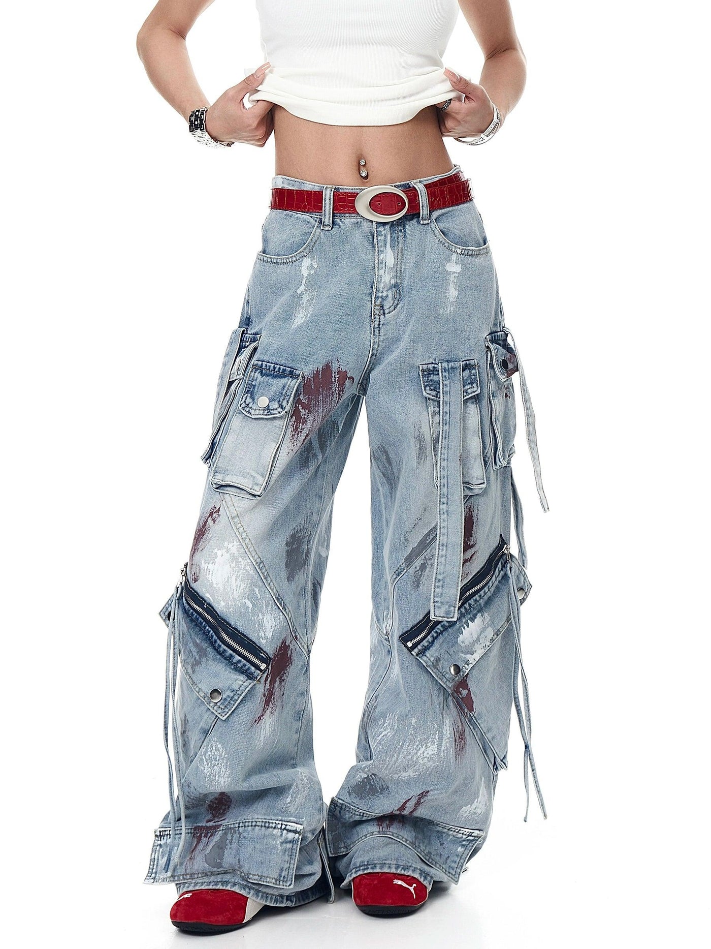 Paint Splatters Multi-Pocket Jeans Korean Street Fashion Jeans By Blacklists Shop Online at OH Vault