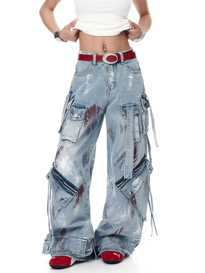 Paint Splatters Multi-Pocket Jeans Korean Street Fashion Jeans By Blacklists Shop Online at OH Vault