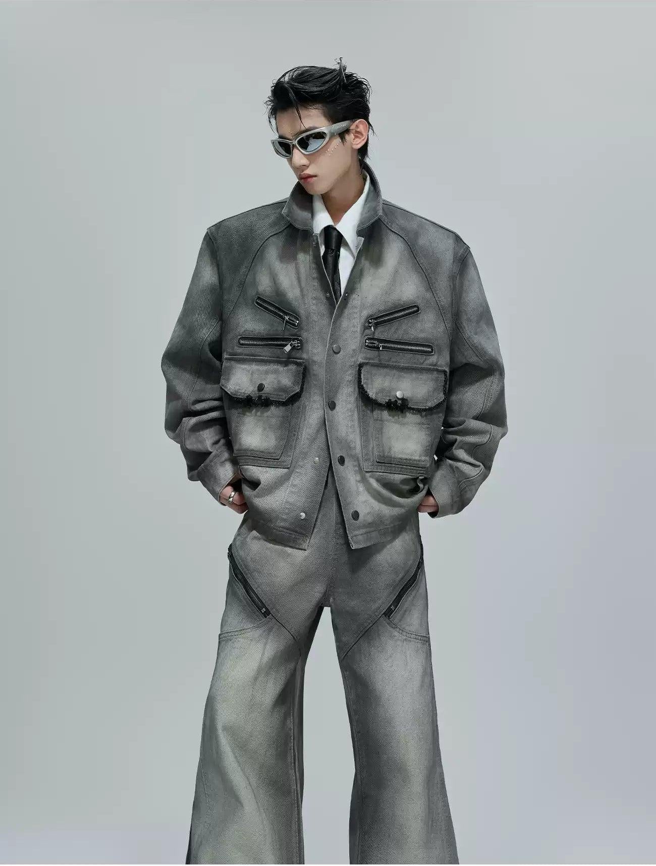 Multi-Zipped Contrast Faded Denim Jacket & Jeans Set Korean Street Fashion Clothing Set By Argue Culture Shop Online at OH Vault