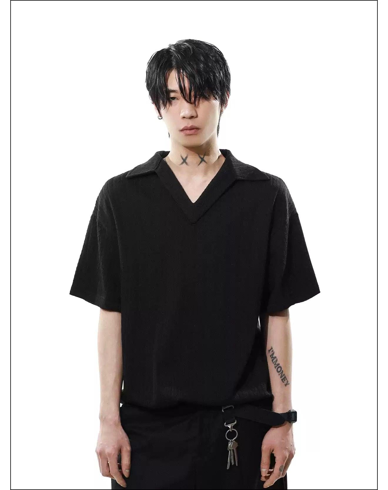 Textured V-Neck Polo Korean Street Fashion Polo By Mr Nearly Shop Online at OH Vault