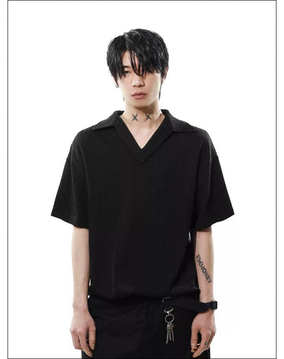 Textured V-Neck Polo Korean Street Fashion Polo By Mr Nearly Shop Online at OH Vault