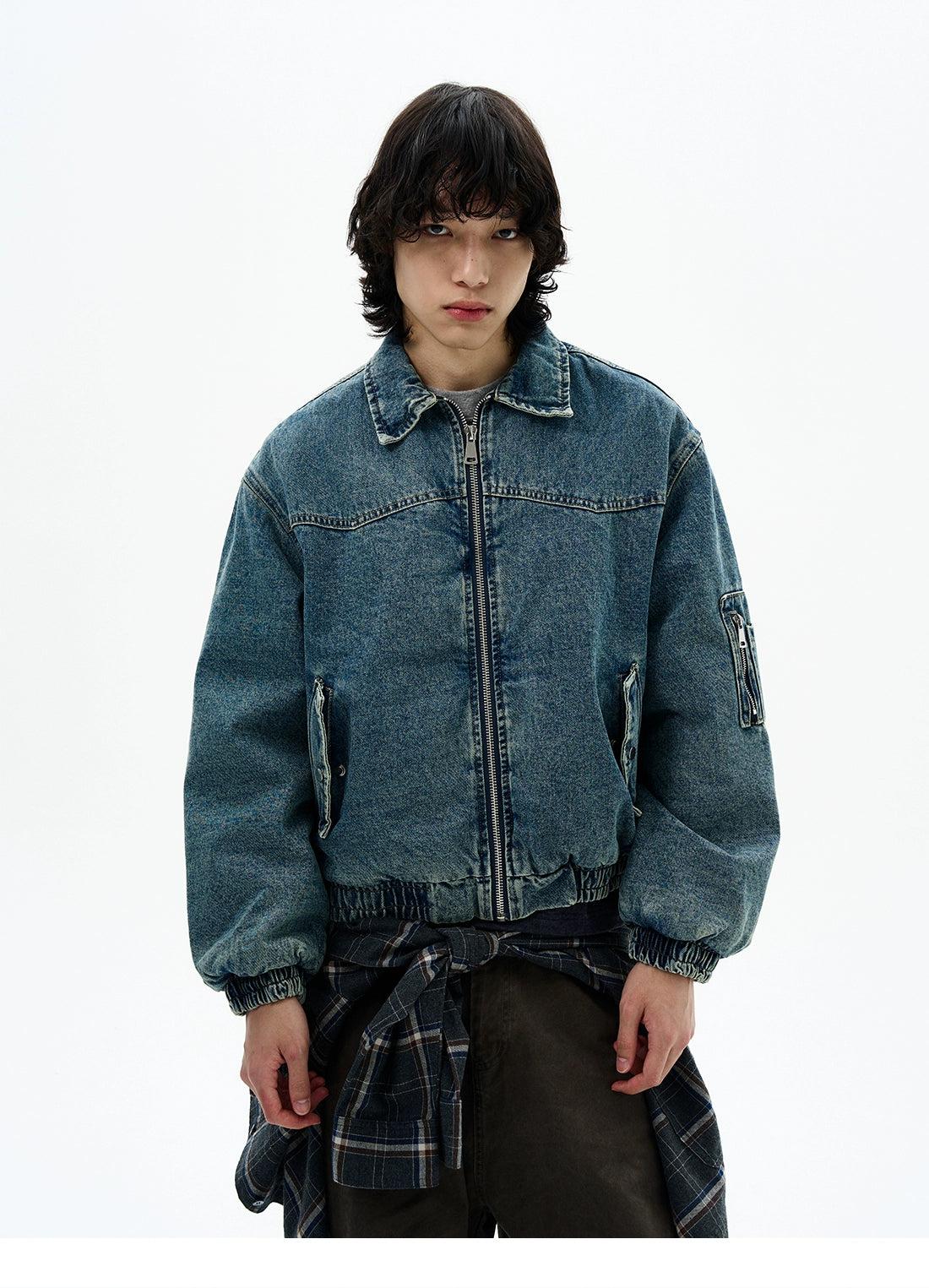 Washed Full-Zip Denim Jacket Korean Street Fashion Jacket By 77Flight Shop Online at OH Vault