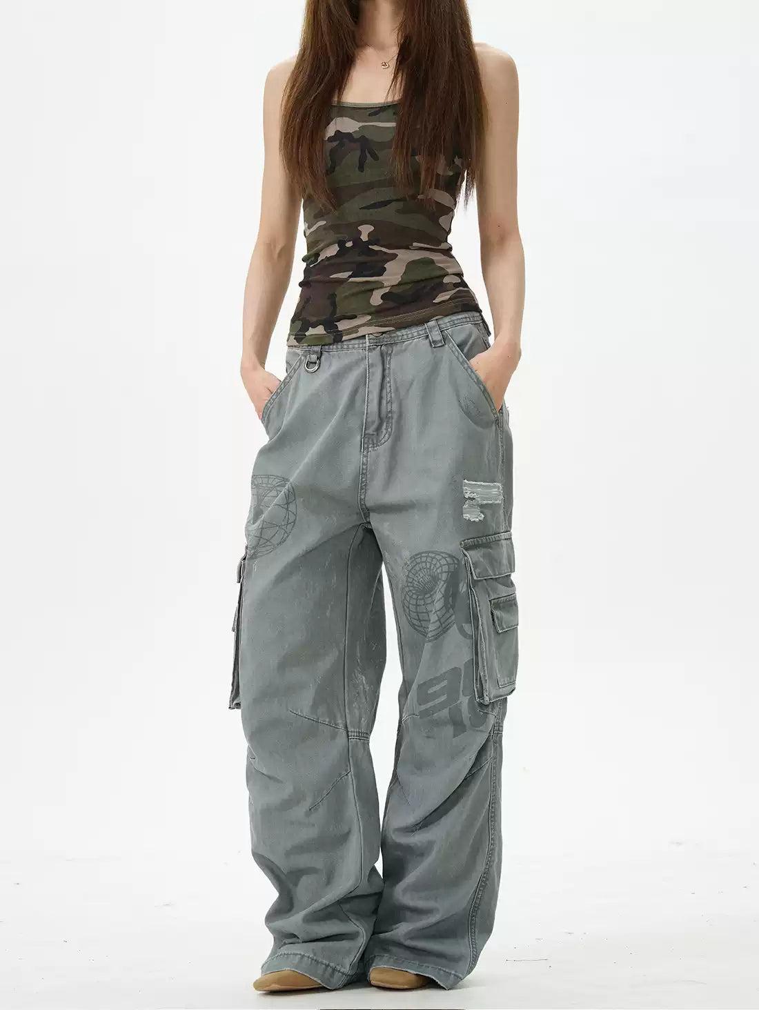 Sphere Graphic Ripped Cargo Pants Korean Street Fashion Pants By 77Flight Shop Online at OH Vault