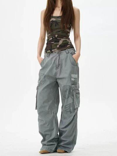 Sphere Graphic Ripped Cargo Pants Korean Street Fashion Pants By 77Flight Shop Online at OH Vault