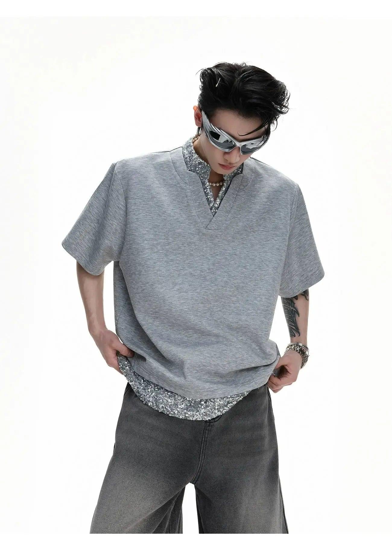 Sequin Spliced Detail T-Shirt Korean Street Fashion T-Shirt By Argue Culture Shop Online at OH Vault