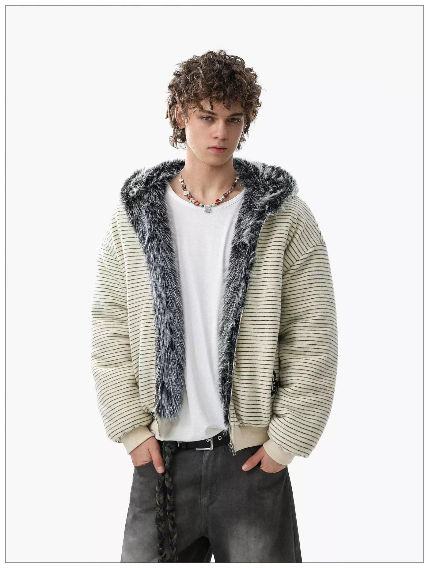 Teddy Bear Fur-Trimmed Stripes Jacket Korean Street Fashion Jacket By Mr Nearly Shop Online at OH Vault