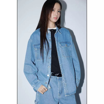 Washed Front Pockets Denim Shirt Korean Street Fashion Shirt By Funky Fun Shop Online at OH Vault