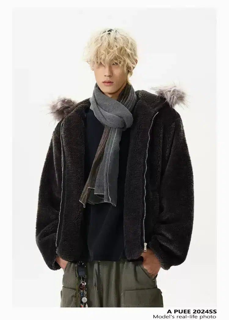 Fleece Fur-Trimmed Hood Jacket Korean Street Fashion Jacket By A PUEE Shop Online at OH Vault