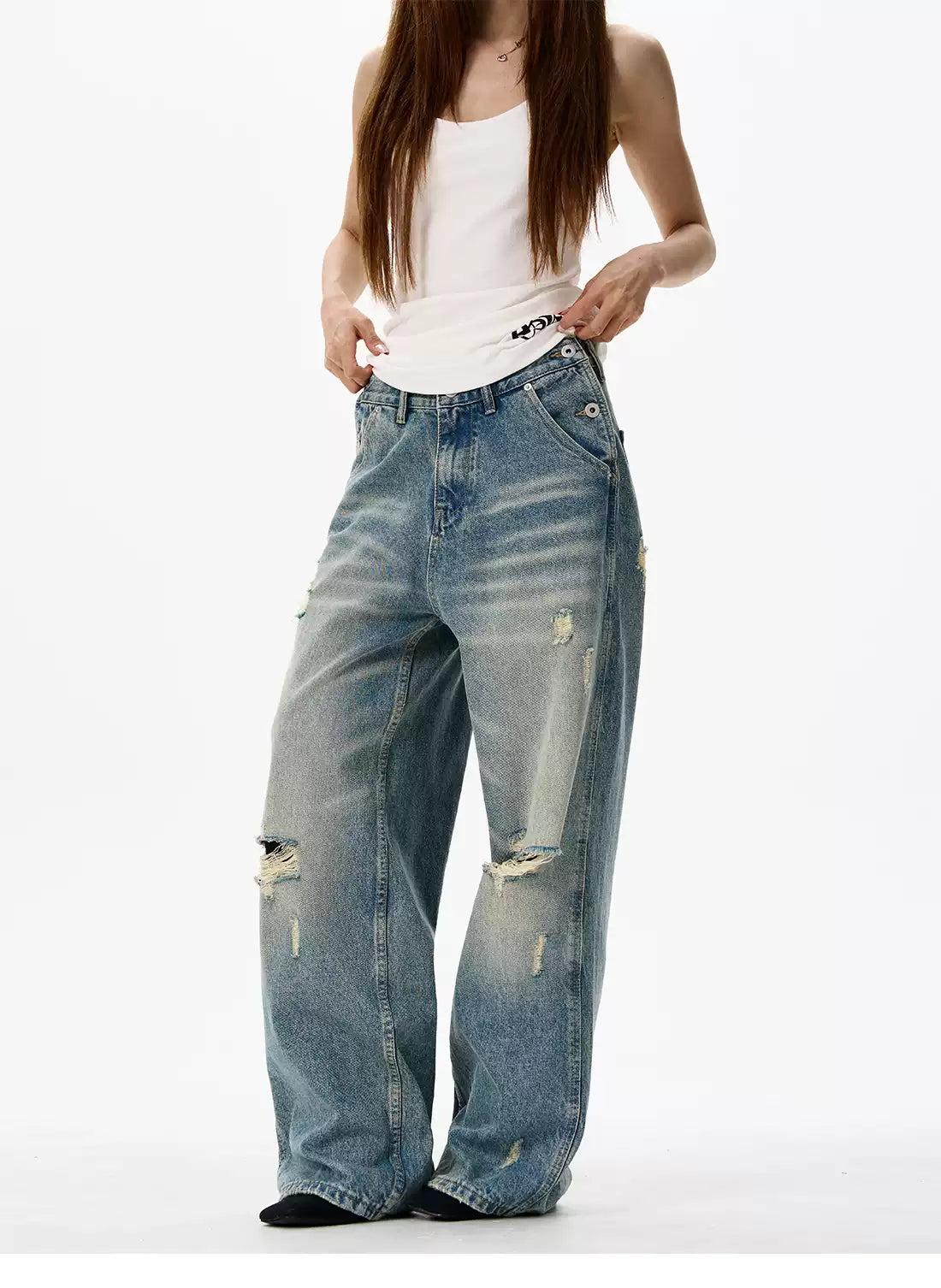 Ripped Knee Loose Jeans Korean Street Fashion Jeans By 77Flight Shop Online at OH Vault