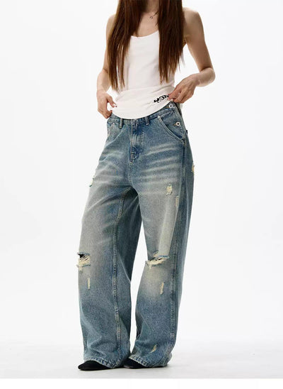 Ripped Knee Loose Jeans Korean Street Fashion Jeans By 77Flight Shop Online at OH Vault