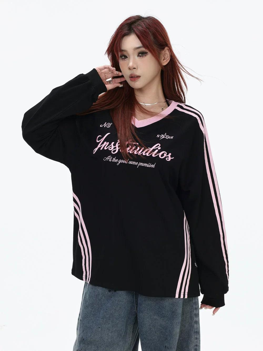 Three-Bar Contrast Sporty Long Sleeve T-Shirt Korean Street Fashion T-Shirt By INS Korea Shop Online at OH Vault