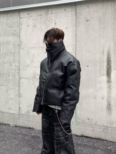 Stand Collar Puffer PU Leather Jacket Korean Street Fashion Jacket By Dark Fog Shop Online at OH Vault