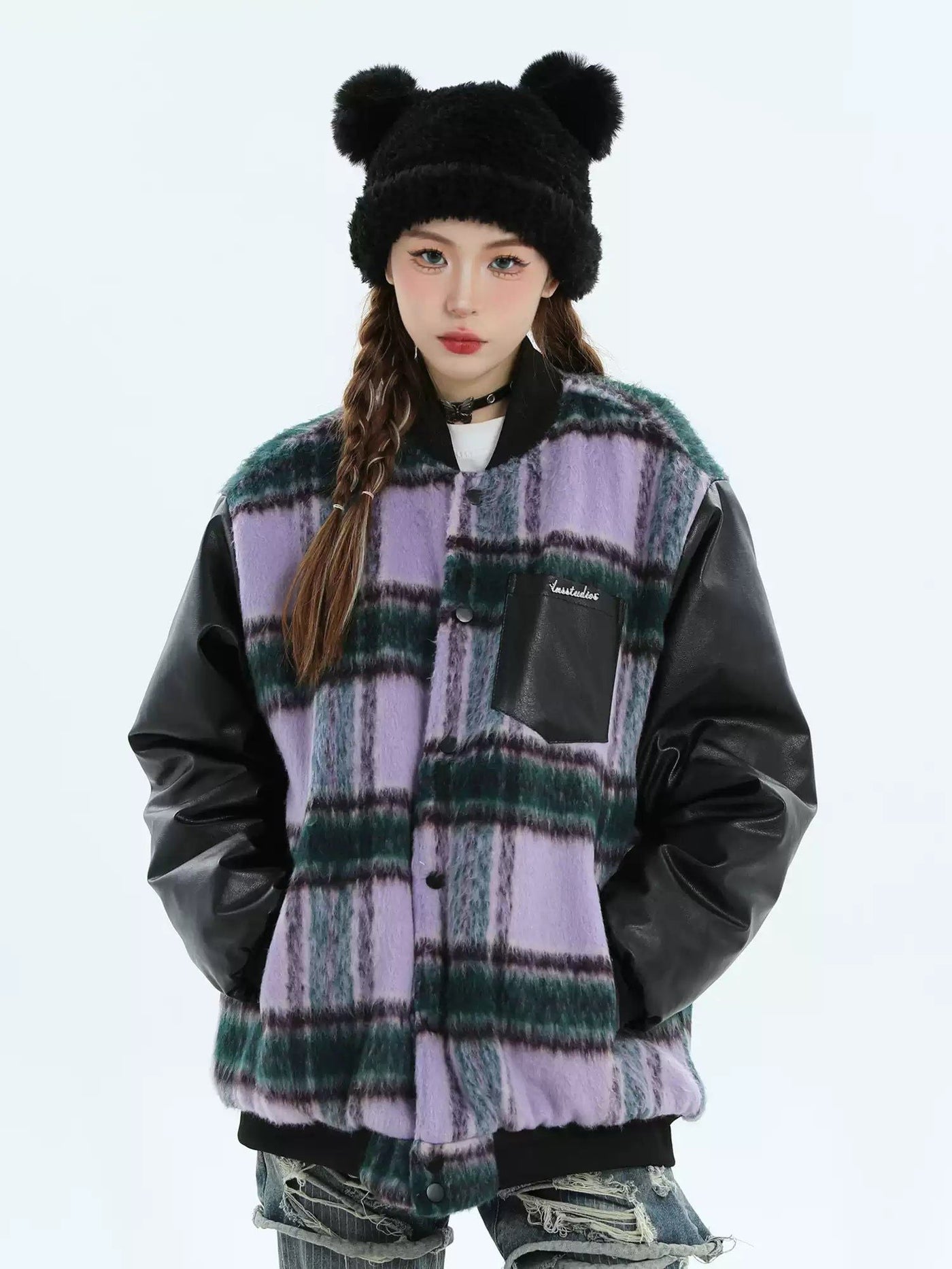 Spliced Plaid PU Leather Jacket Korean Street Fashion Jacket By INS Korea Shop Online at OH Vault