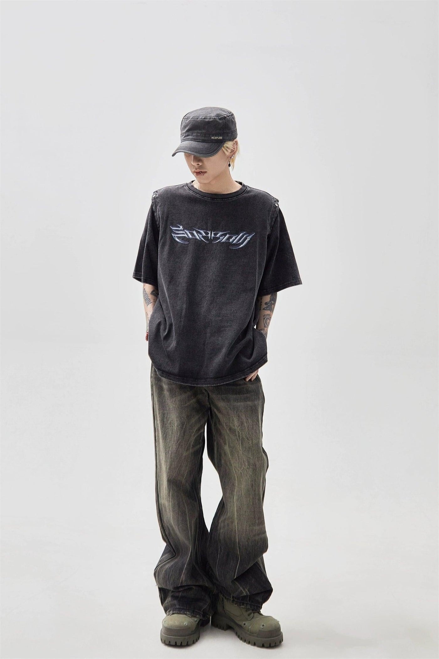 Washed Buttoned Sleeves T-Shirt Korean Street Fashion T-Shirt By Ash Dark Shop Online at OH Vault
