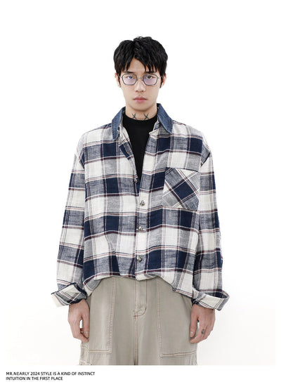 Plaid Denim Collar Long Sleeve Shirt Korean Street Fashion Shirt By Mr Nearly Shop Online at OH Vault