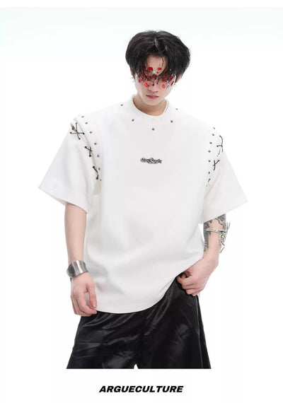 Spliced & Beaded Sleeve T-Shirt Korean Street Fashion T-Shirt By Argue Culture Shop Online at OH Vault