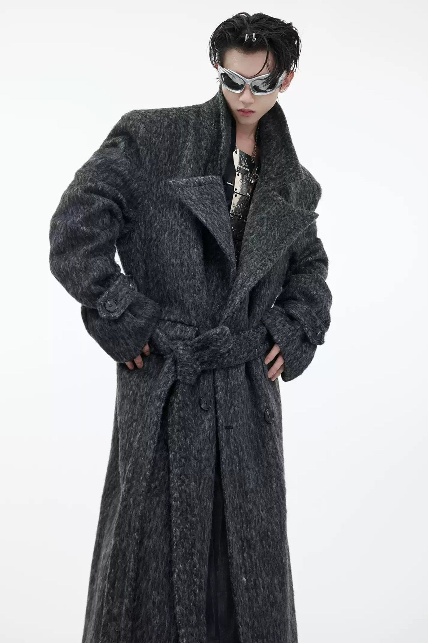 Wide Shoulder Belted Long Coat Korean Street Fashion Long Coat By Argue Culture Shop Online at OH Vault