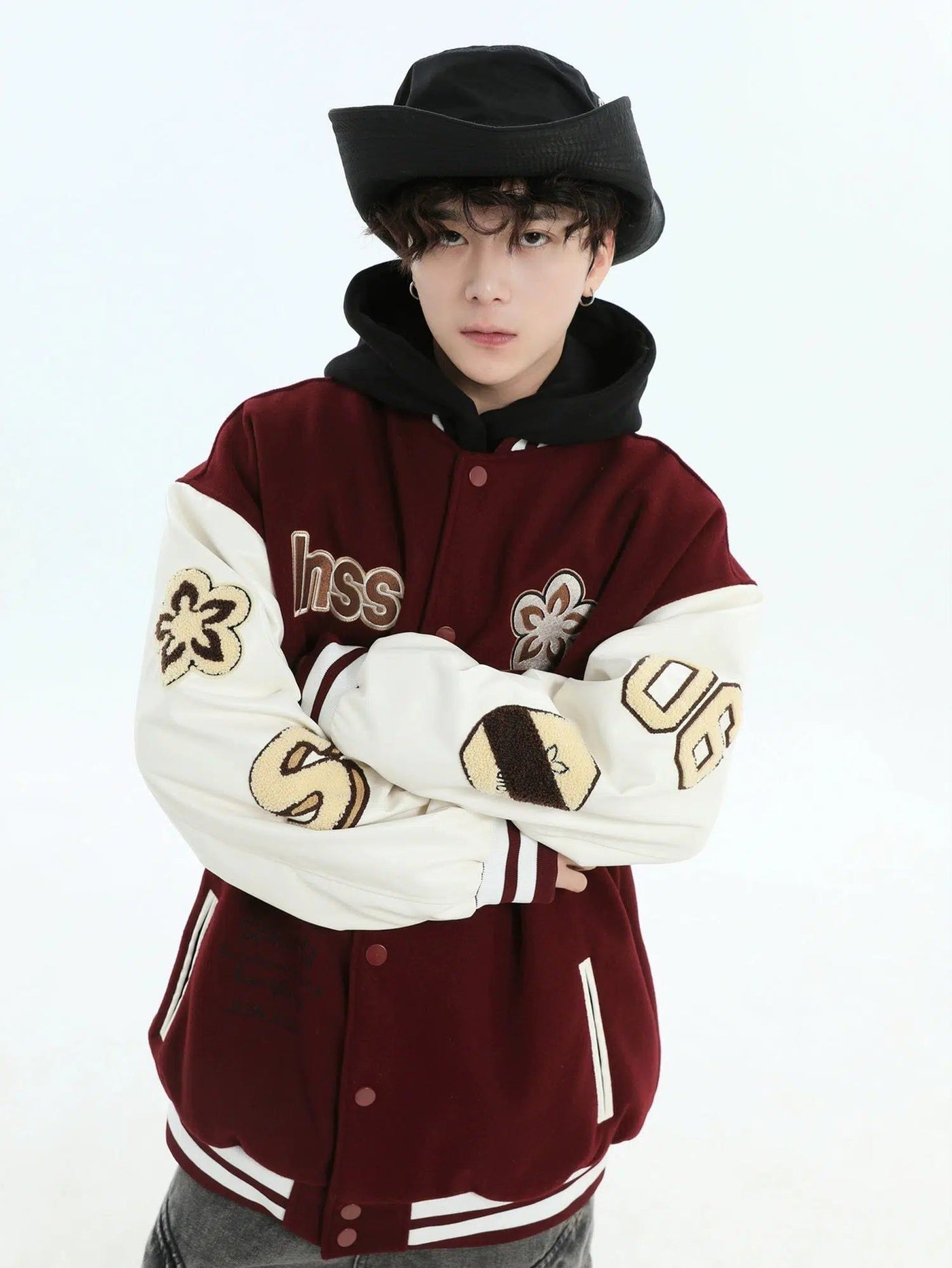 Fuzzy Flower & Logo Embroidery Varsity Jacket Korean Street Fashion Jacket By INS Korea Shop Online at OH Vault