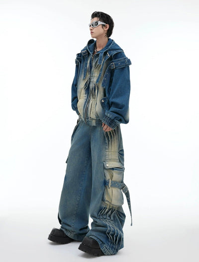 Faded & Pleated Multi-Detail Denim Jacket & Jeans Set Korean Street Fashion Clothing Set By Argue Culture Shop Online at OH Vault