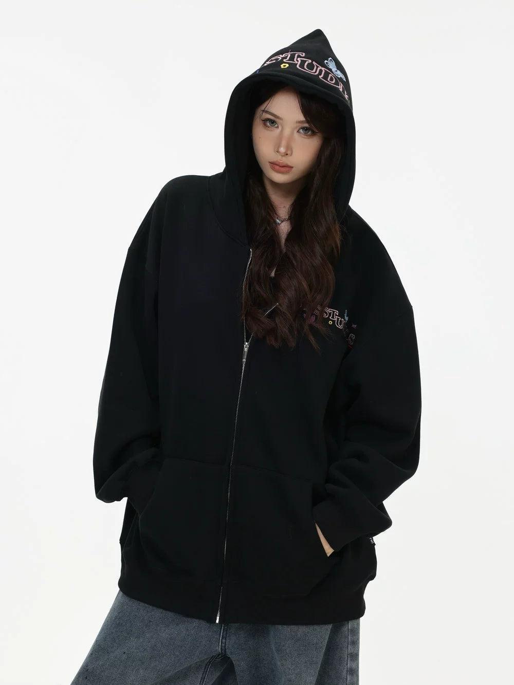 Logo Stitched Zip-Up Hoodie Korean Street Fashion Hoodie By INS Korea Shop Online at OH Vault
