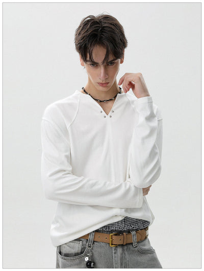 Plain Color Henley Collar L/S T-Shirt Korean Street Fashion T-Shirt By Mr Nearly Shop Online at OH Vault