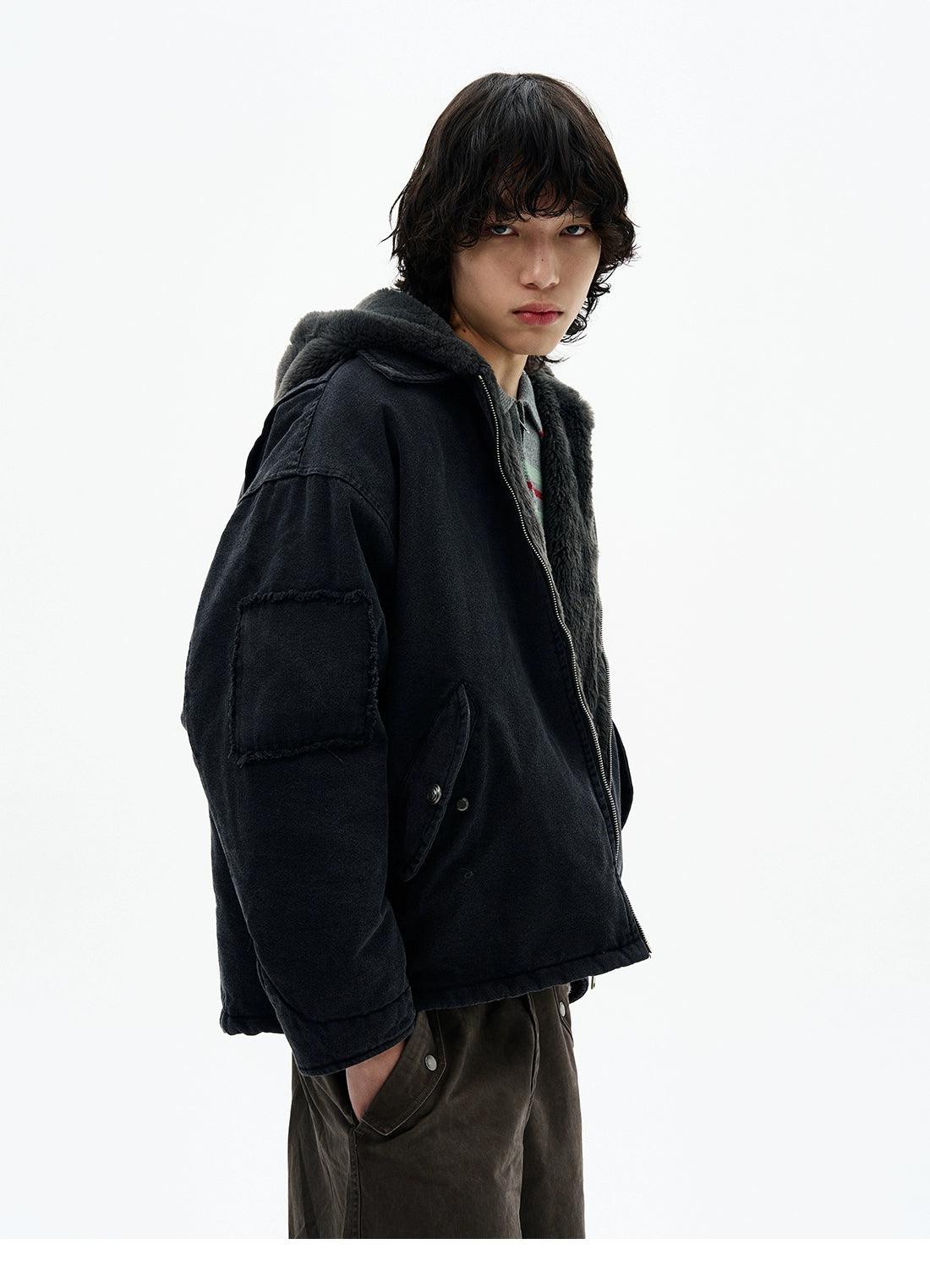 Fuzzy Multi-Pocket Zip-Up Hoodie Korean Street Fashion Hoodie By 77Flight Shop Online at OH Vault