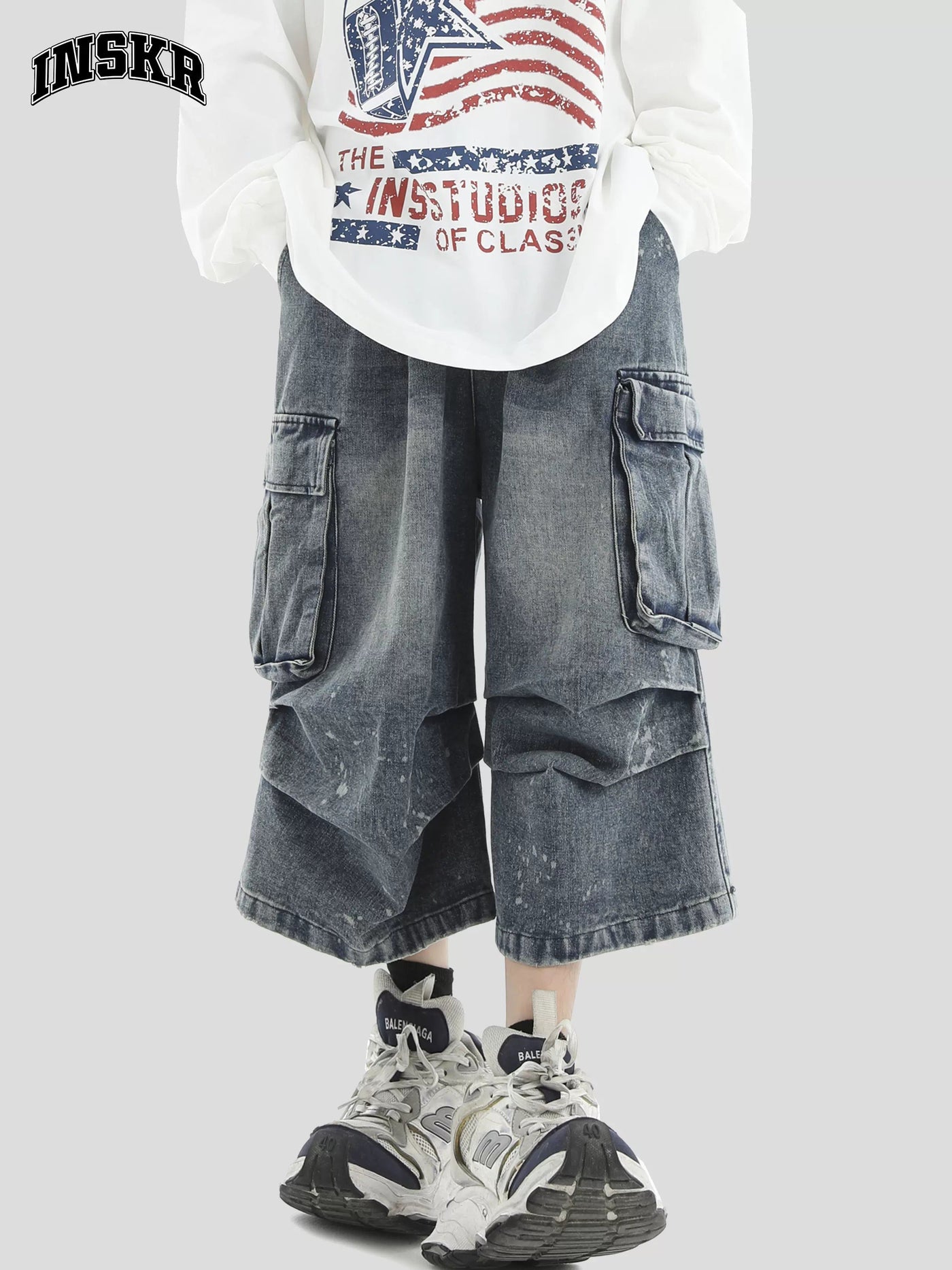 Splatters Loose Denim Shorts Korean Street Fashion Shorts By INS Korea Shop Online at OH Vault