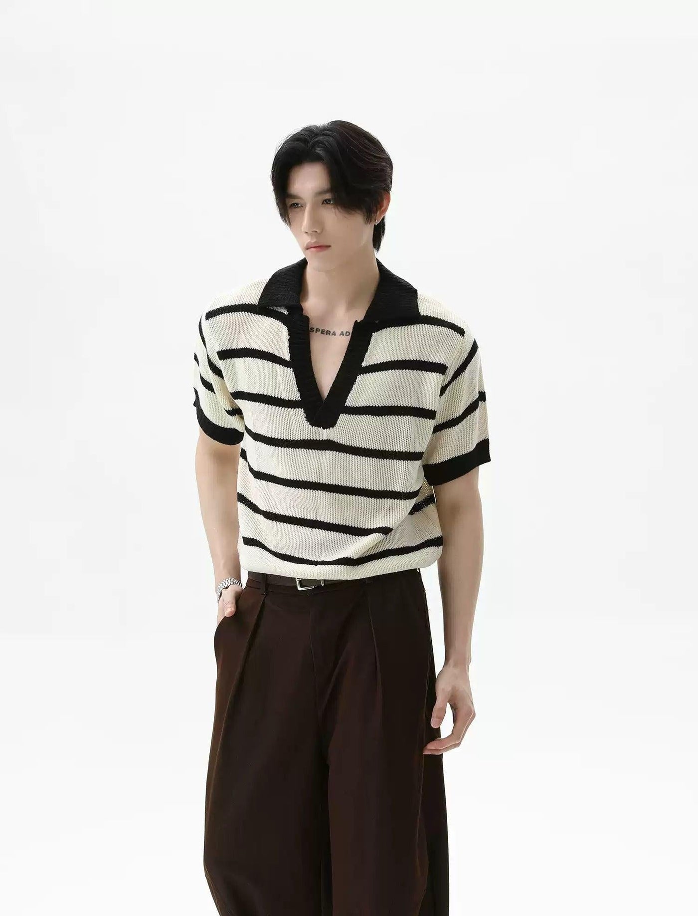 Striped Knit V-Neck Polo Korean Street Fashion Polo By Turn Tide Shop Online at OH Vault