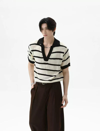 Striped Knit V-Neck Polo Korean Street Fashion Polo By Turn Tide Shop Online at OH Vault