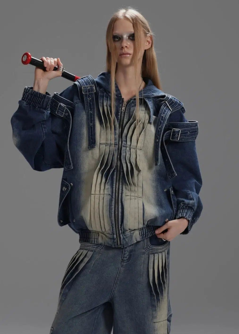 Faded & Pleated Multi-Detail Denim Jacket & Jeans Set