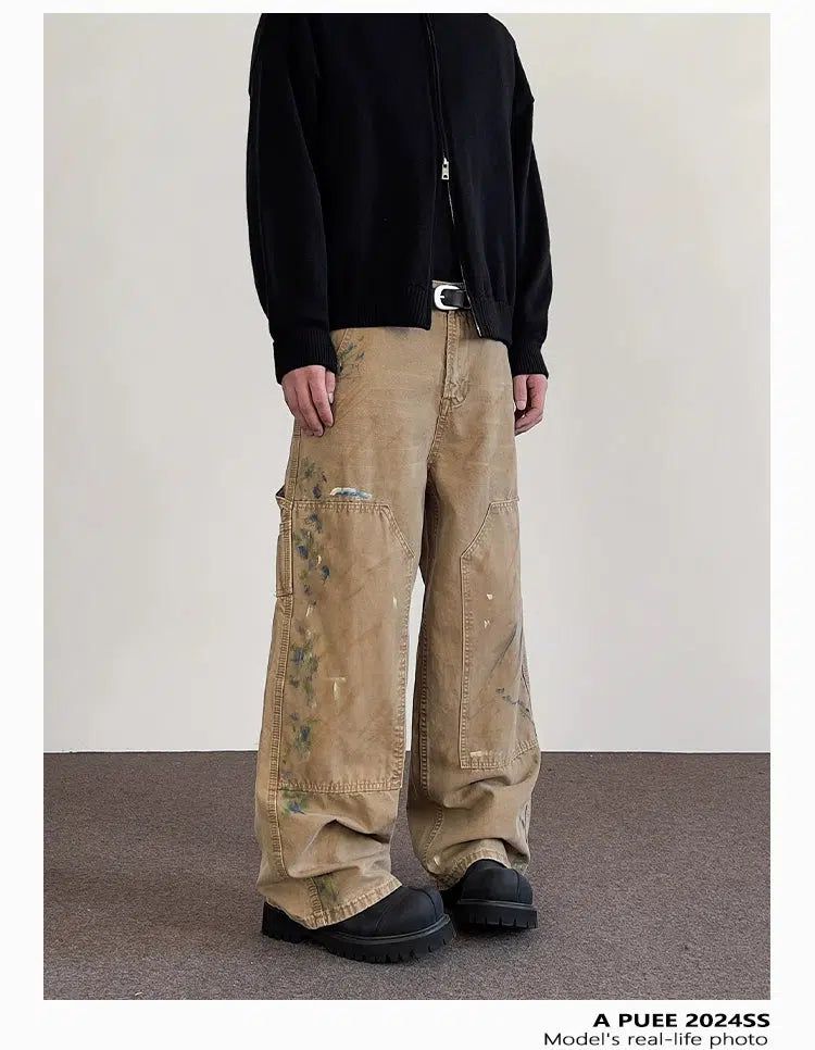 Double-Knee Ink Splash Pants Korean Street Fashion Pants By A PUEE Shop Online at OH Vault