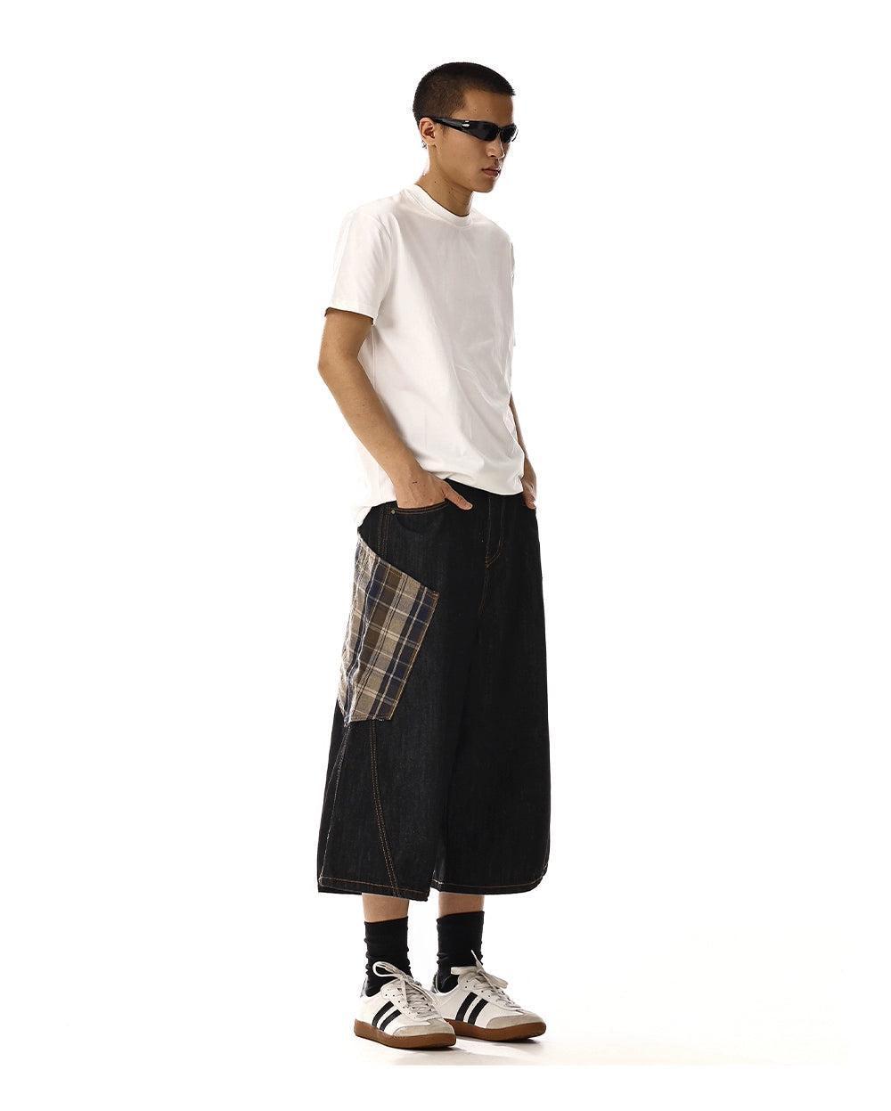 Plaid Spliced Denim Shorts Korean Street Fashion Shorts By MEBXX Shop Online at OH Vault