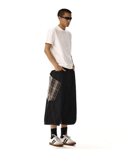 Plaid Spliced Denim Shorts Korean Street Fashion Shorts By MEBXX Shop Online at OH Vault