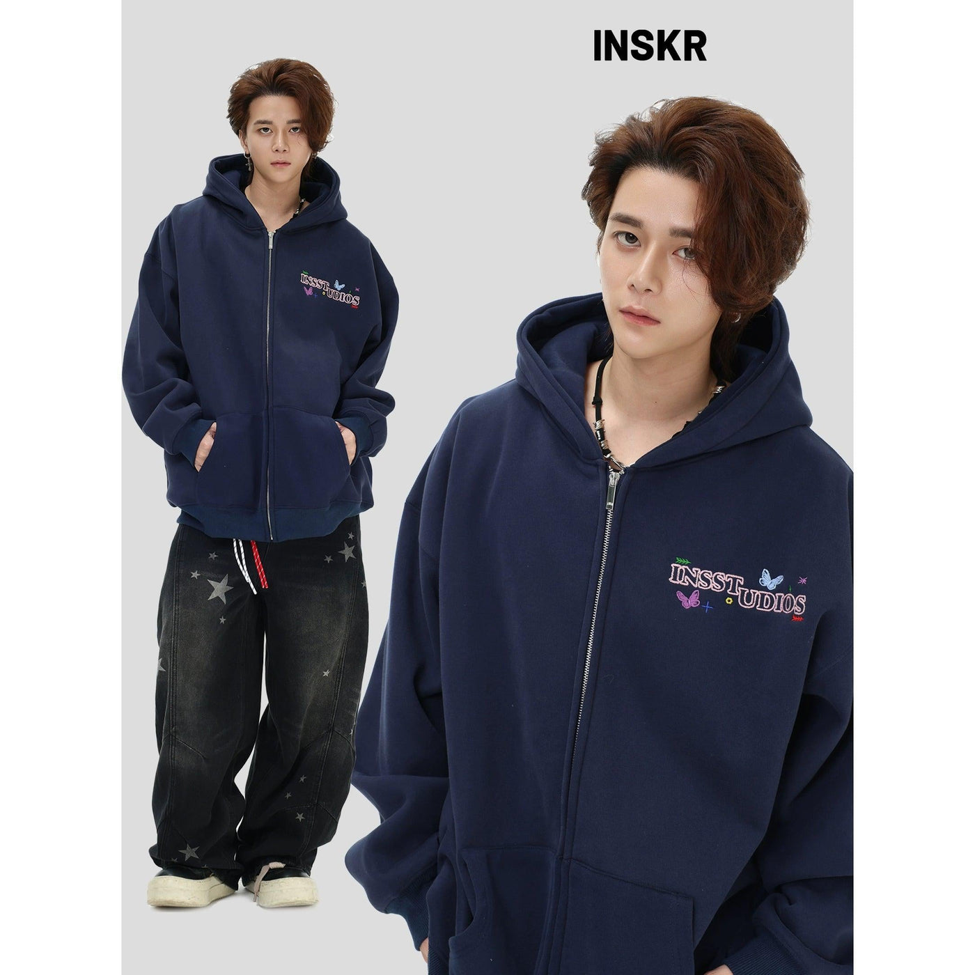 Logo Stitched Zip-Up Hoodie Korean Street Fashion Hoodie By INS Korea Shop Online at OH Vault