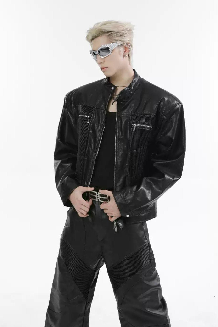 Reconstructed Pleated Spliced PU Leather Jacket & Pants Set Korean Street Fashion Clothing Set By Turn Tide Shop Online at OH Vault