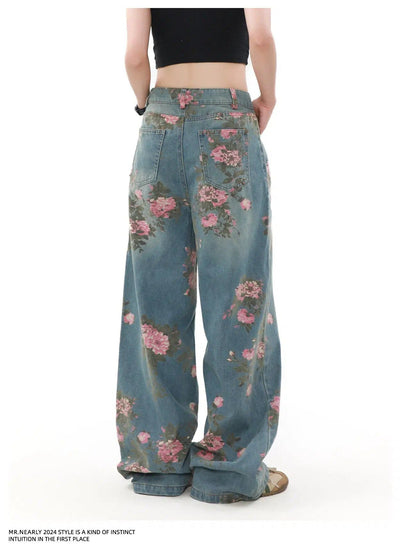 Washed Floral Full-Print Jeans Korean Street Fashion Jeans By Mr Nearly Shop Online at OH Vault