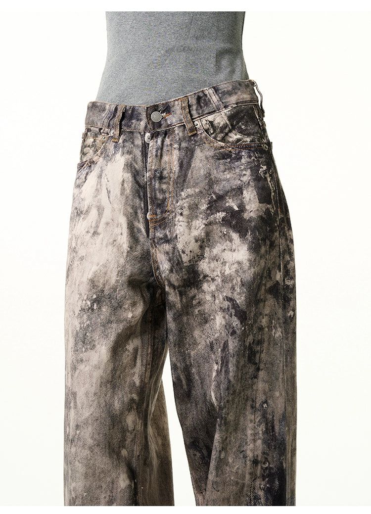 Ink-Splash Washed Loose Jeans Korean Street Fashion Jeans By 77Flight Shop Online at OH Vault