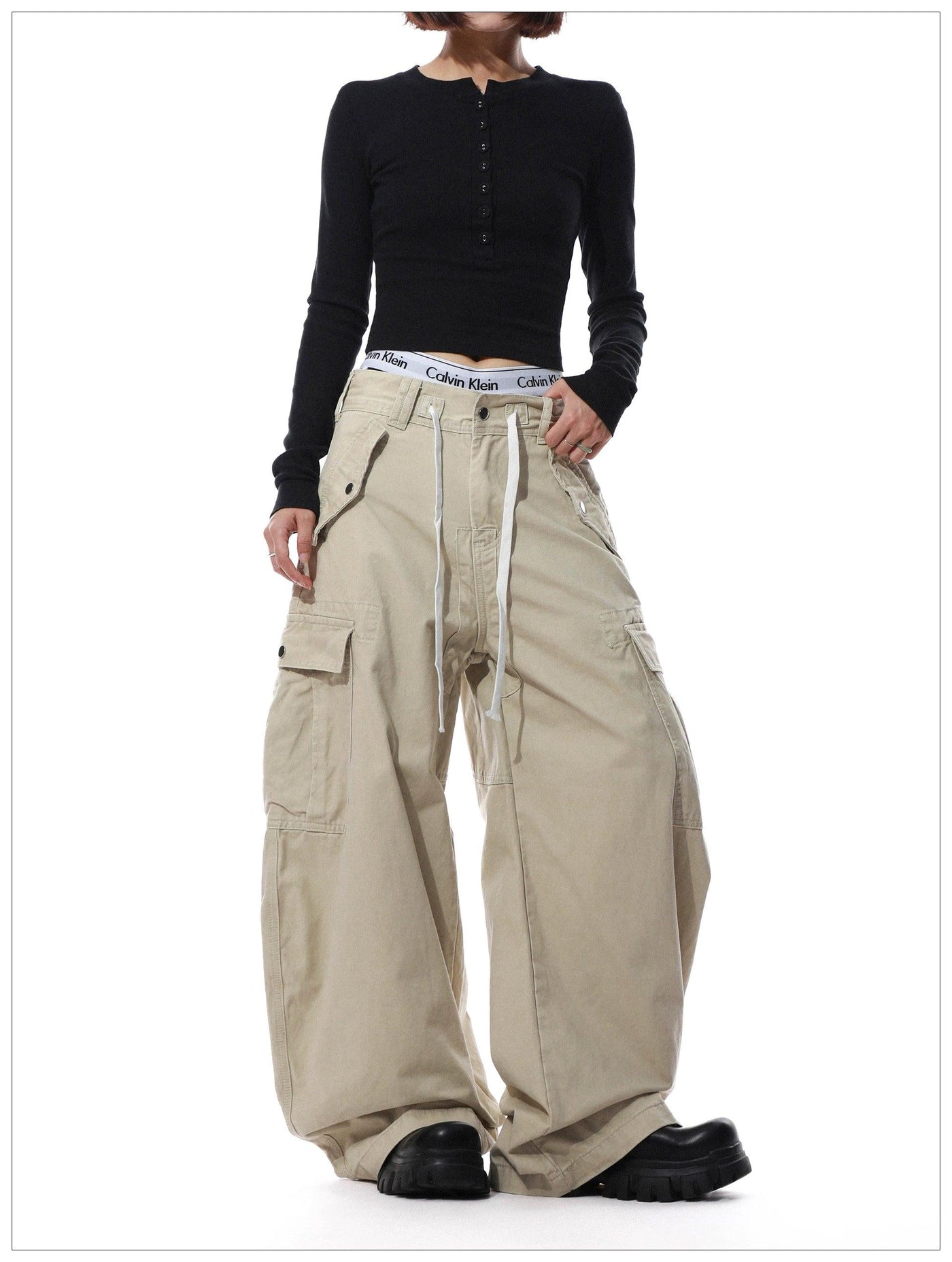 Structured Drawstring Wide Cargo Pants Korean Street Fashion Pants By Mr Nearly Shop Online at OH Vault