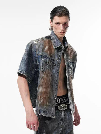 Rustic Fade Beaded Denim Shirt & Straight Jeans Set Korean Street Fashion Clothing Set By Slim Black Shop Online at OH Vault