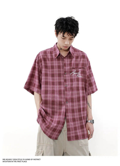 Plaid Lettered Short Sleeve Shirt Korean Street Fashion Shirt By Mr Nearly Shop Online at OH Vault