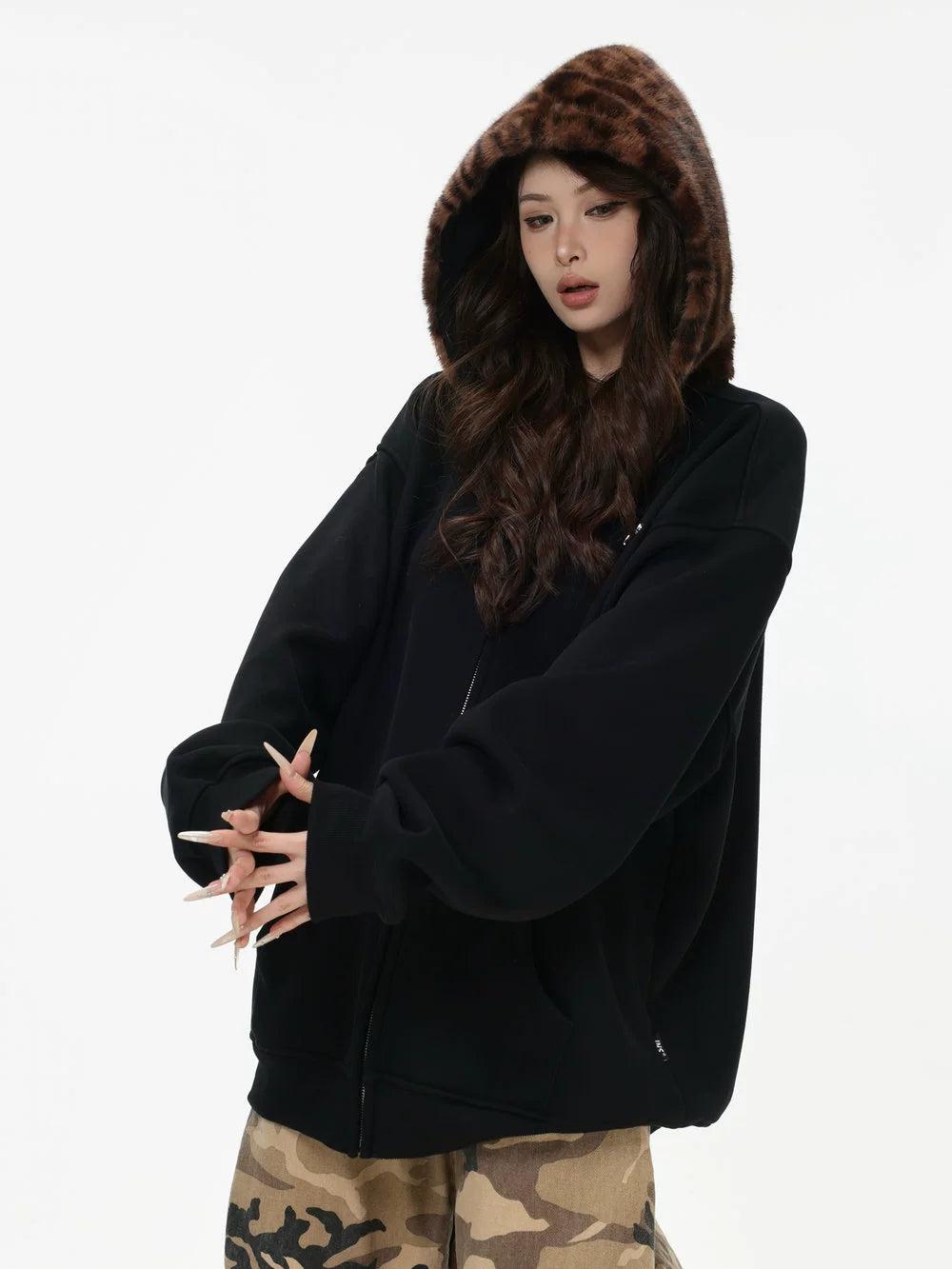 Animal Print Faux Fur Hood Jacket Korean Street Fashion Jacket By INS Korea Shop Online at OH Vault