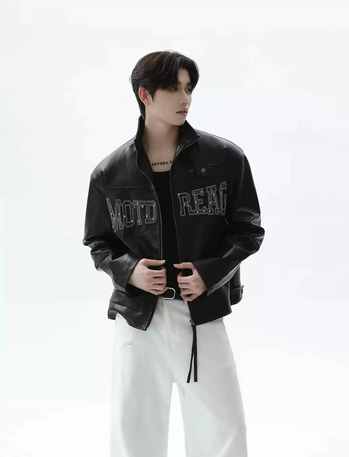 Logo Stitched PU Leather Jacket Korean Street Fashion Jacket By Turn Tide Shop Online at OH Vault