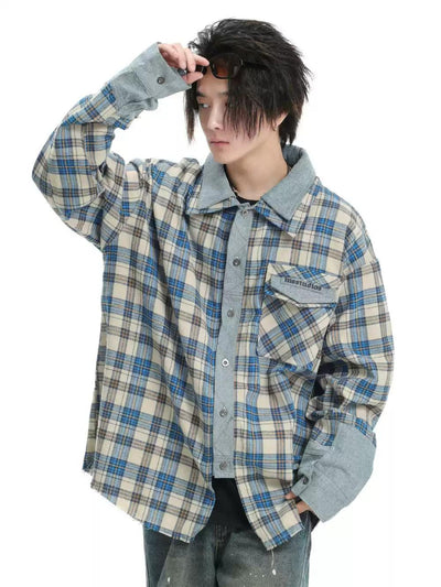 Spliced Blocks Plaid Shirt Korean Street Fashion Shirt By INS Korea Shop Online at OH Vault