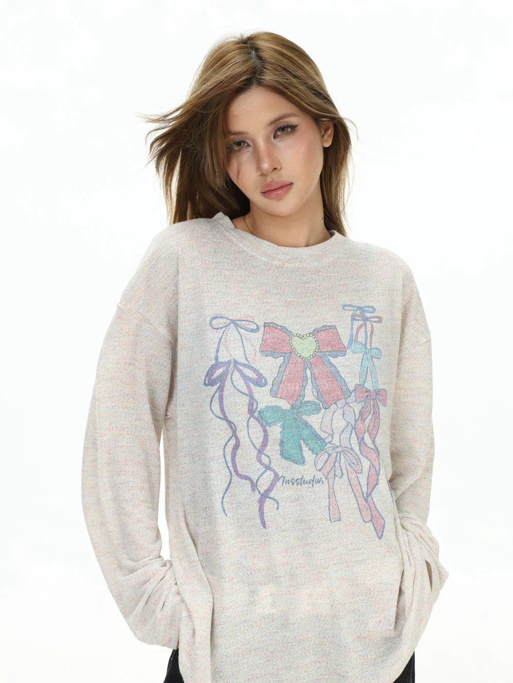 Colored Bow Graphic Textured T-Shirt Korean Street Fashion T-Shirt By INS Korea Shop Online at OH Vault