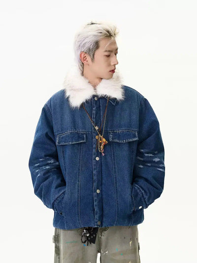 Distressed Fur Collar Denim Jacket Korean Street Fashion Jacket By A PUEE Shop Online at OH Vault