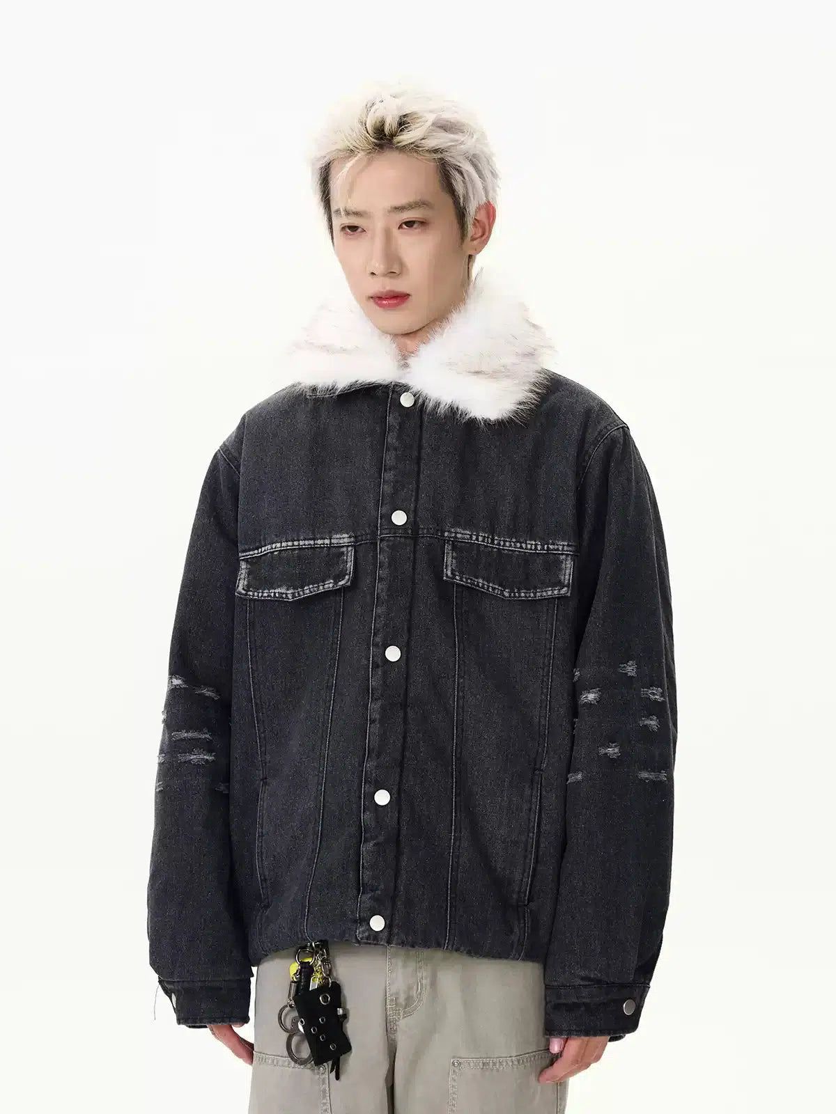 Distressed Fur Collar Denim Jacket Korean Street Fashion Jacket By A PUEE Shop Online at OH Vault