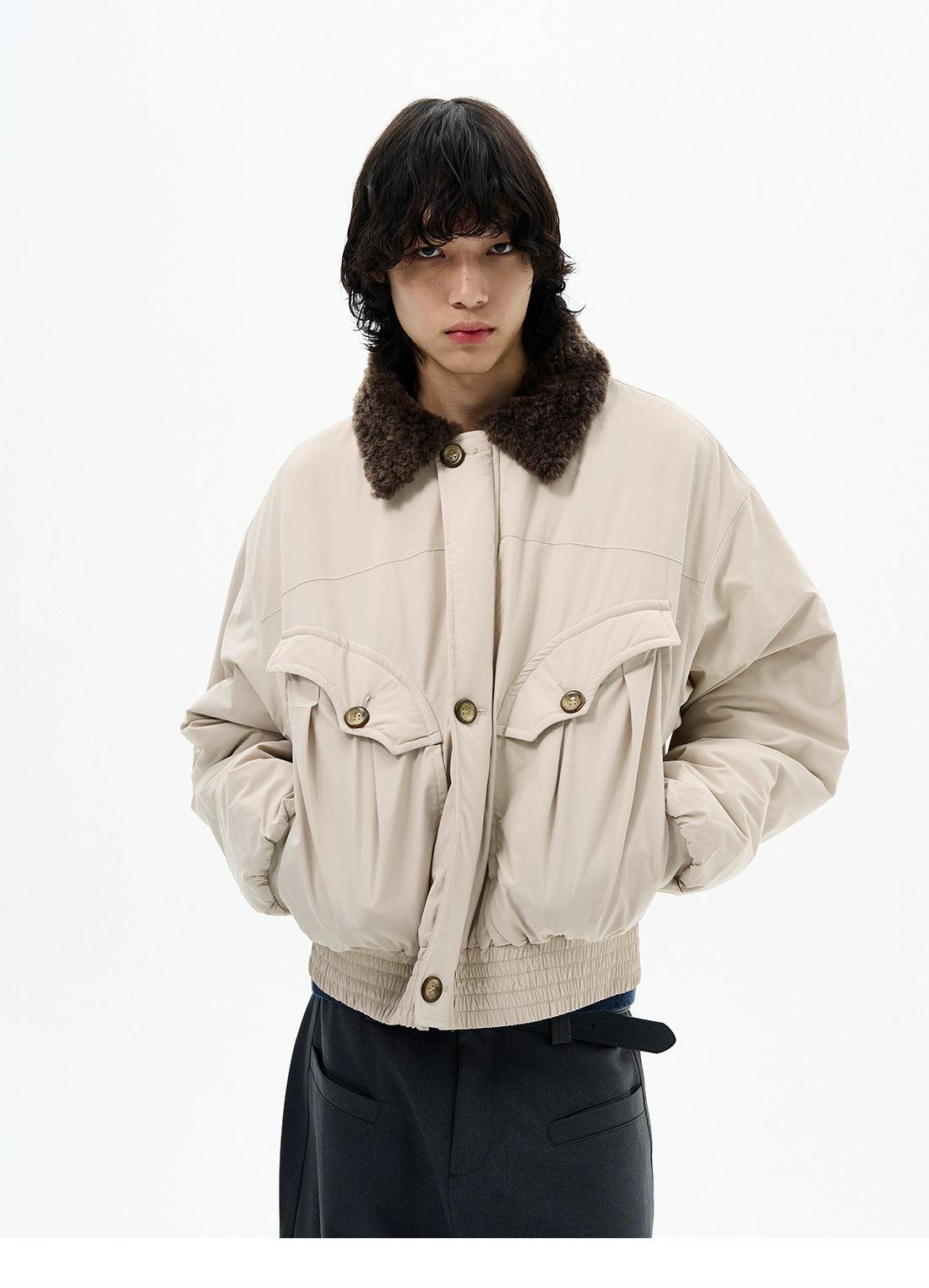 Fleece Collar Ruched Hem Jacket Korean Street Fashion Jacket By 77Flight Shop Online at OH Vault