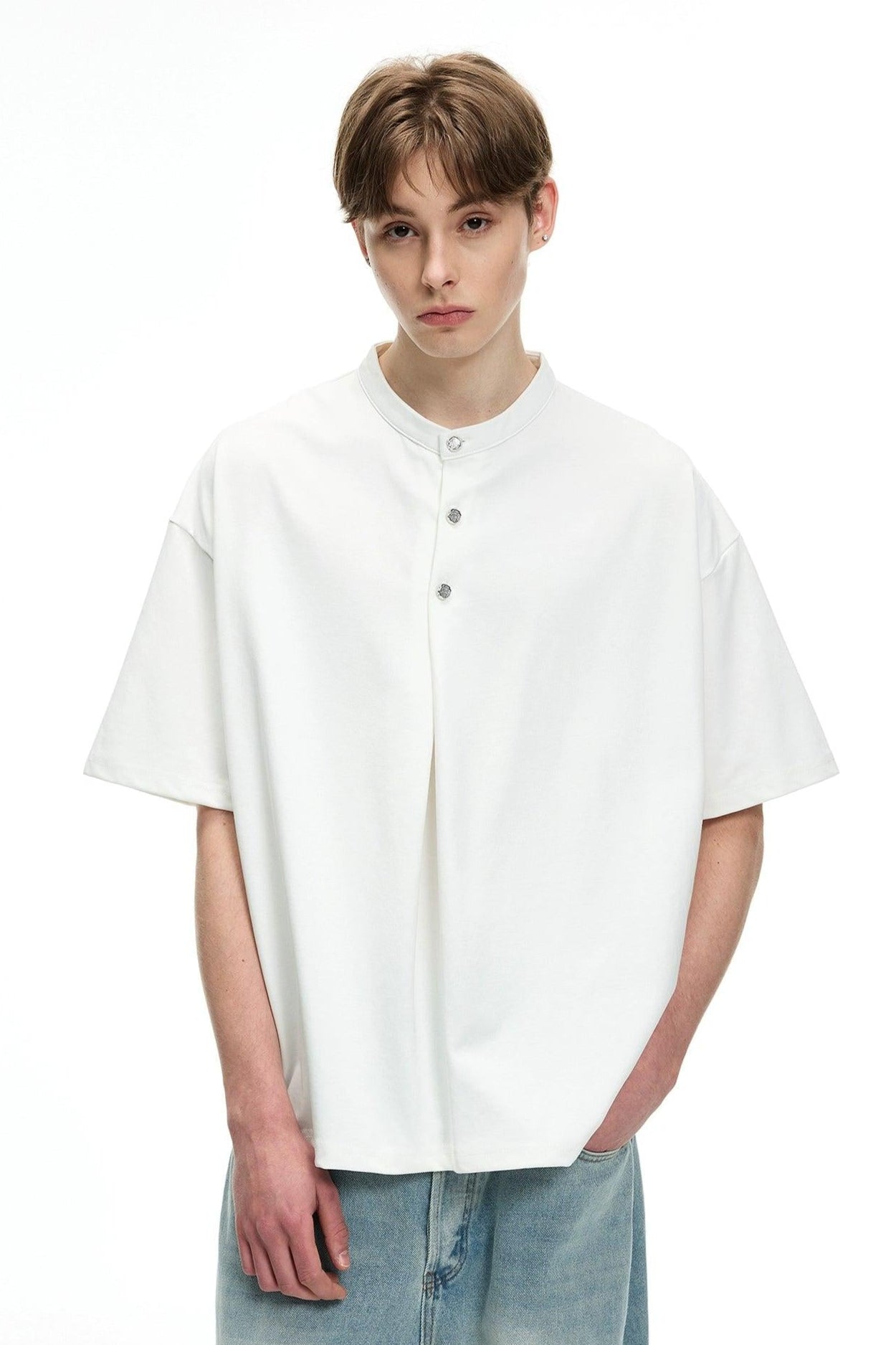 Boxy Cut Half-Buttoned T-Shirt Korean Street Fashion T-Shirt By MaxDstr Shop Online at OH Vault