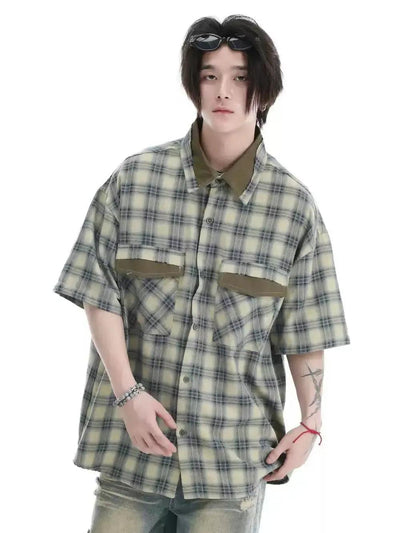 Two-Pocket Plaid Short Sleeve Shirt Korean Street Fashion Shirt By INS Korea Shop Online at OH Vault